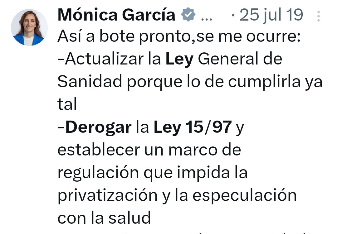 Scarlett_GJ's tweet photo. Mónica García nos prometía derogar la ley 15/97 que permite a las Comunidades privatizar la Sanidad Pública y no ha movido un sólo dedo ni siquiera para intentarlo https://t.co/0SaCEU7EHl