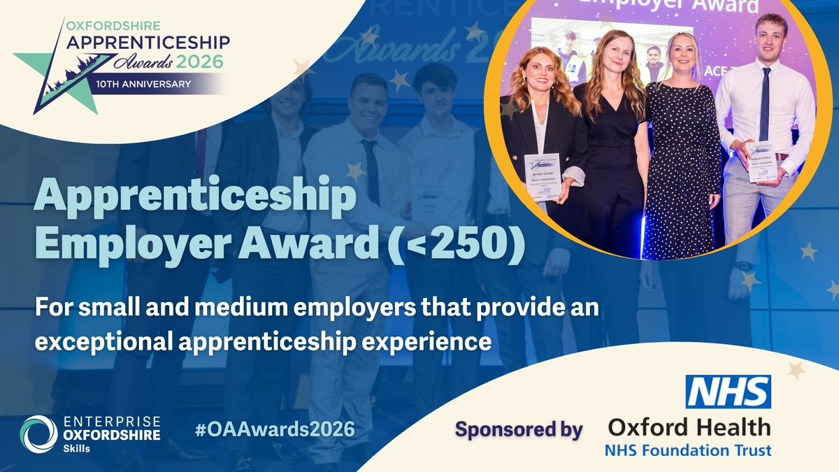 🏆 The Oxfordshire Apprenticeship Awards 2026 will recognise the support and commitment that smaller employers give their apprentices through the Apprenticeship Employer Award (<250 employees), kindly sponsored by <a href="/OxfordHealthNHS/">Oxford Health NHS FT</a>.

enterpriseoxfordshireskills.com/oxfordhealthoa…

#OAAwards2026 #OAHour