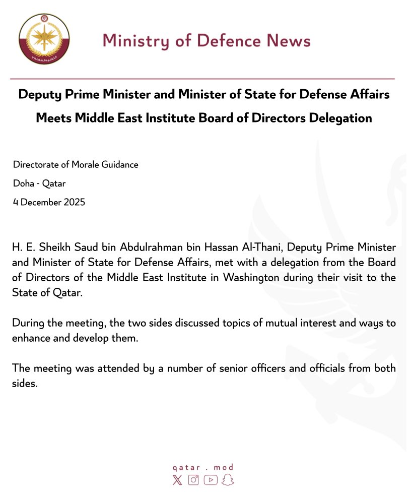 MOD_Qatar's tweet photo. نائب رئيس مجلس الوزراء ووزير الدولة لشؤون الدفاع يلتقي وفداً من أعضاء مجلس إدارة معهد الشرق الأوسط https://t.co/YWygVb2Xl6
