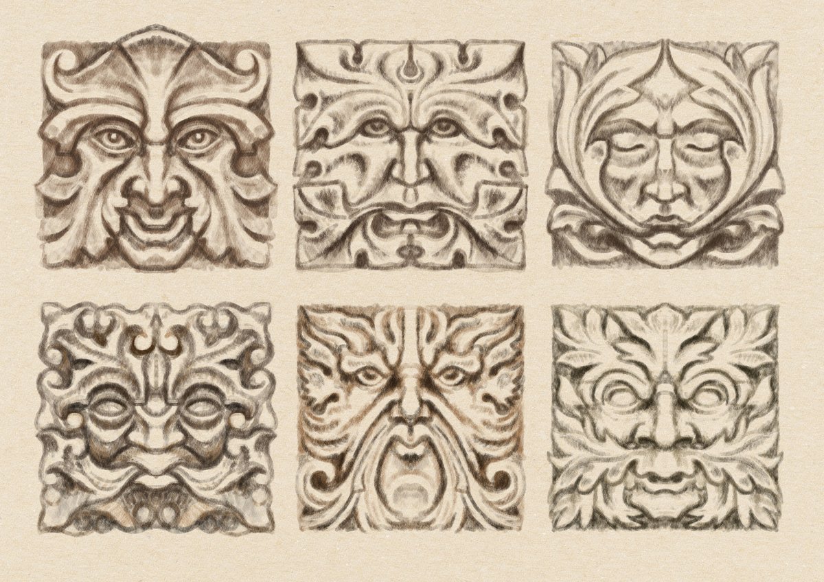 Six Green Man designs based on already existing pieces.
