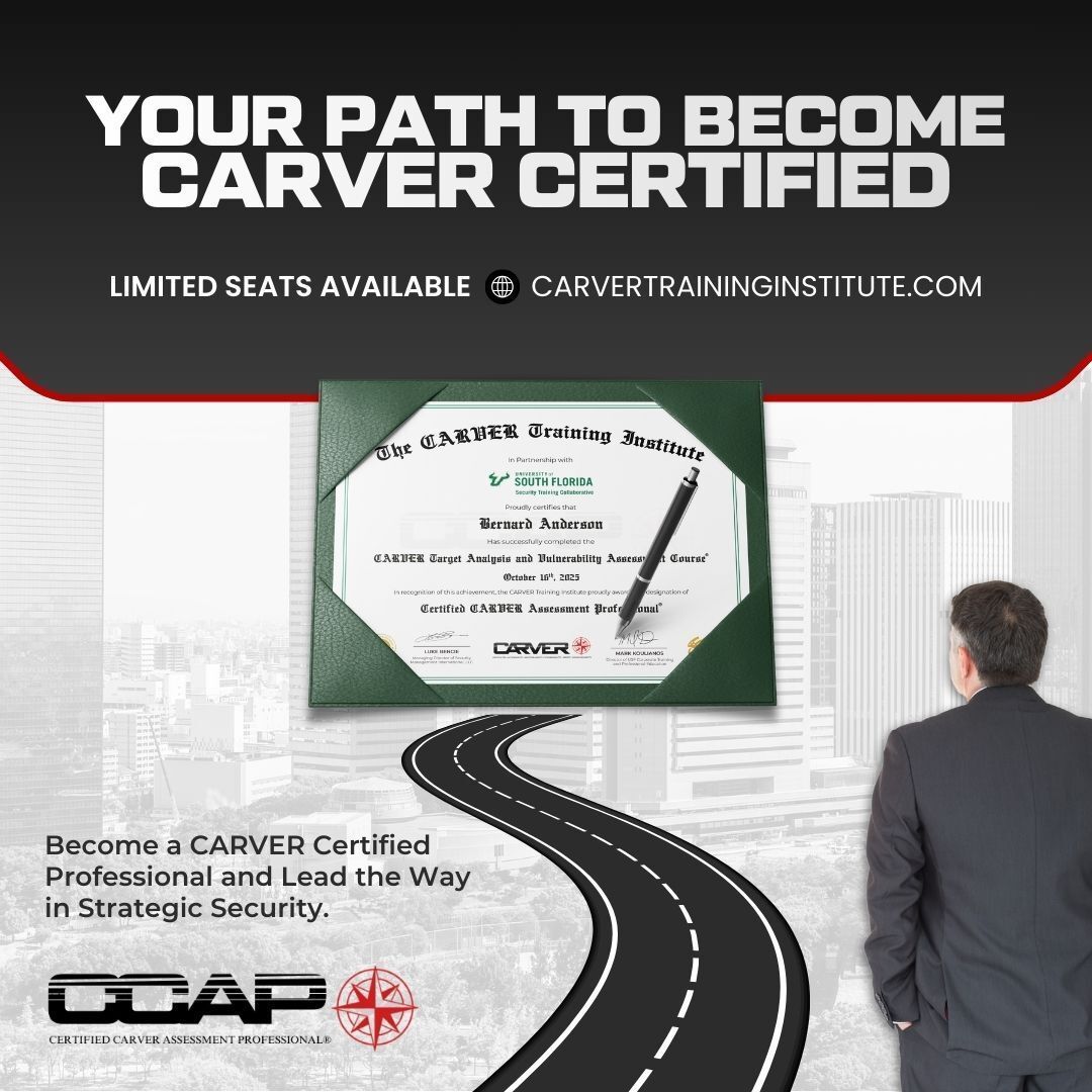 Become a CARVER Certified Professional with the CCAP &amp; CMP certifications. Master vulnerability assessment &amp; lead in strategic security.
🔗Learn more: carvertraininginstitute.com
#SecurityLeadership #CARVERMethodology #CareerGrowth #ProfessionalDevelopment #RiskAssessment