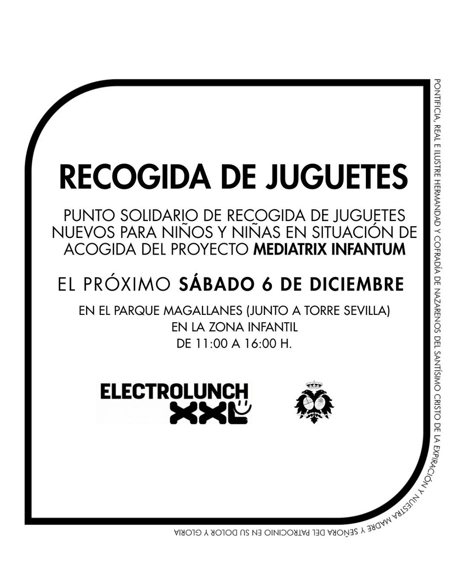 HdadCachorro's tweet photo. ⚫ 𝐑𝐞𝐜𝐨𝐠𝐢𝐝𝐚 𝐝𝐞 𝐉𝐮𝐠𝐮𝐞𝐭𝐞𝐬 

Este sábado, en Electrolunch, se recogerán juguetes nuevos sin envolver para los niños y niñas de nuestro proyecto de caridad Mediatrix Infatum.

📍 Parque Magallanes.
🕜 De 11:00 a 16:00 h.

¡Colabora! 😃

#Cachorro25 https://t.co/TCXFrRxdoe