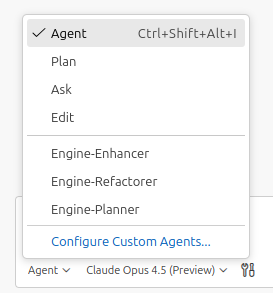 arantespp's tweet image. Eu crio no VSCode na pasta .github/agents

Aí eles aparecem aqui pra mim. Os que eu criei estão no segundo bloco: Engine*

code.visualstudio.com/docs/copilot/c…