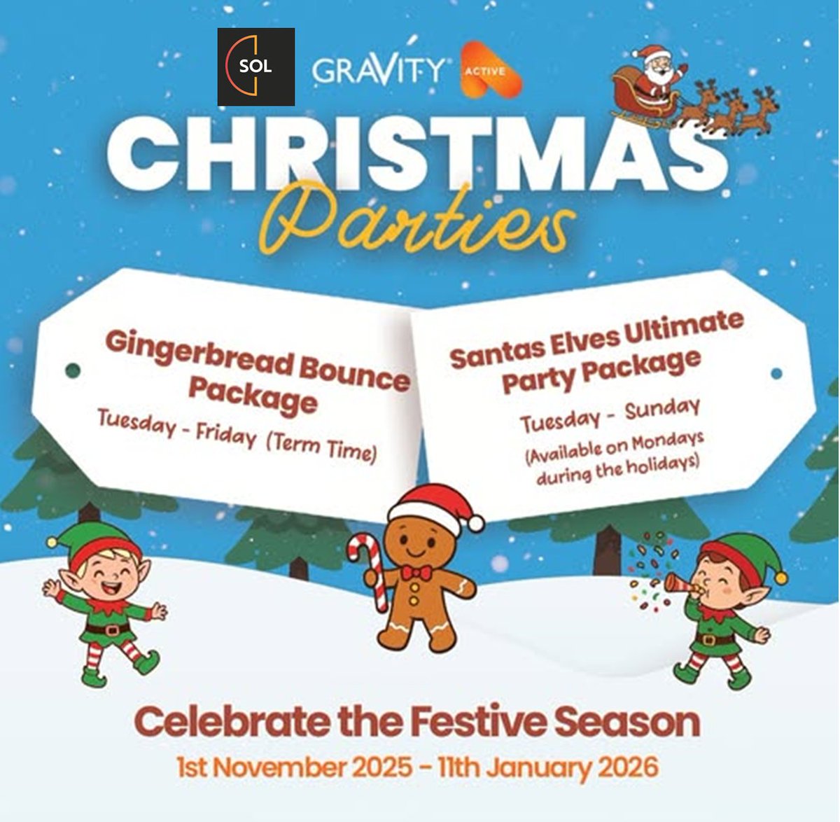 🎄 There’s still time to book your festive celebrations at Gravity Active in Sol Northampton 🎁
From kids’ parties and school celebrations to festive fun with friends, their Christmas Party Packages are packed with games, energy, and seasonal sparkle.
❄️ Gingerbread Bounce Party