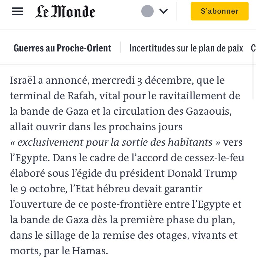 « Israël planifie la déportation forcée des Gazaouis vers l’Égypte, sans possibilité de retour ce qui est un crime contre l’humanité en droit international » 

J’ai corrigé votre titre <a href="/lemondefr/">Le Monde</a> . 

Ça suffit les euphémismes ! C’est la réalité du plan de deportation de Trump !