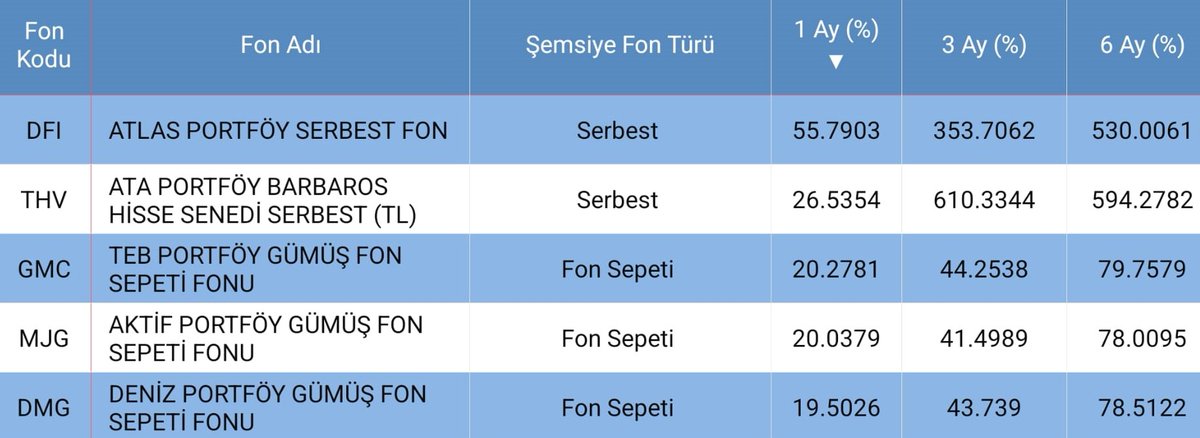 📈 Fon Analizi – Son 1 Aylık Performans

Son 1 ayda TEFAS verilerine göre en yüksek getiriler:

DFI — %55

THV — %26

GMC — %20

MJG — %20

DMG — %19

Son 1 ayda önceki dönemlerde öne çıkan TLY fonunun listeden düştüğünü görüyoruz.
Ayrıca GMC, MJG ve DMG fonlarının gümüş fonları
