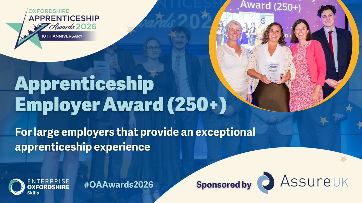 🏆 The Oxfordshire Apprenticeship Awards 2026 will recognise the commitment of large employers to their apprentices through the Apprenticeship Employer Award (250+ employees), kindly sponsored again by Assure UK.

Find out more at enterpriseoxfordshireskills.com/assureukoaawar…

#OAAwards2026 #OAHour
