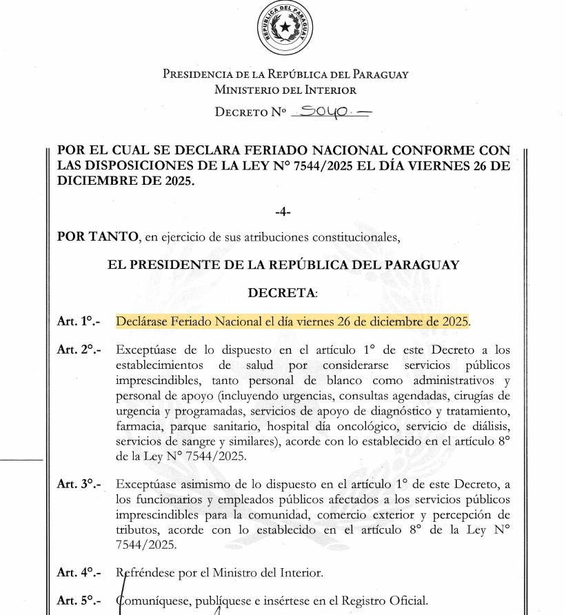 Se dictó el Decreto 5040 que declara #feriado el próximo viernes 26 de diciembre de 2025.