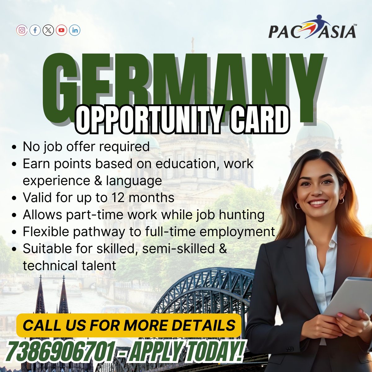 pacasiahyd's tweet image. The Germany Opportunity Card is a flexible, points-based pathway that lets you move to Germany without a job offer. 

Apply today by calling 7386906701.

#GermanyOpportunityCard #WorkInGermany #MoveToGermany #GermanWorkVisa