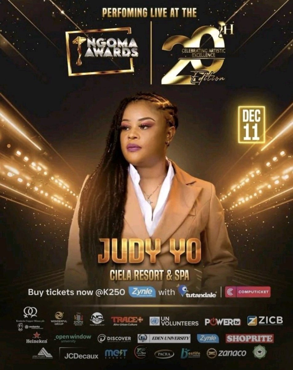 PMataruse58485's tweet photo. 7 DAYS LEFT⏳ for an unforgettable night! 20th Ngoma Awards on Dec 11th at Ciela Resort &amp; Spa. Don't miss out on artistic excellence!🎤✨ Tickets available now via Computicket &amp; Zynle for K250. 
#Ngomaawards2025 #Ngoma@20 #YalilaNgoma
@TheNgomas 
@MinistryZambia 
@NationalZambia https://t.co/1zaFXMlnzB