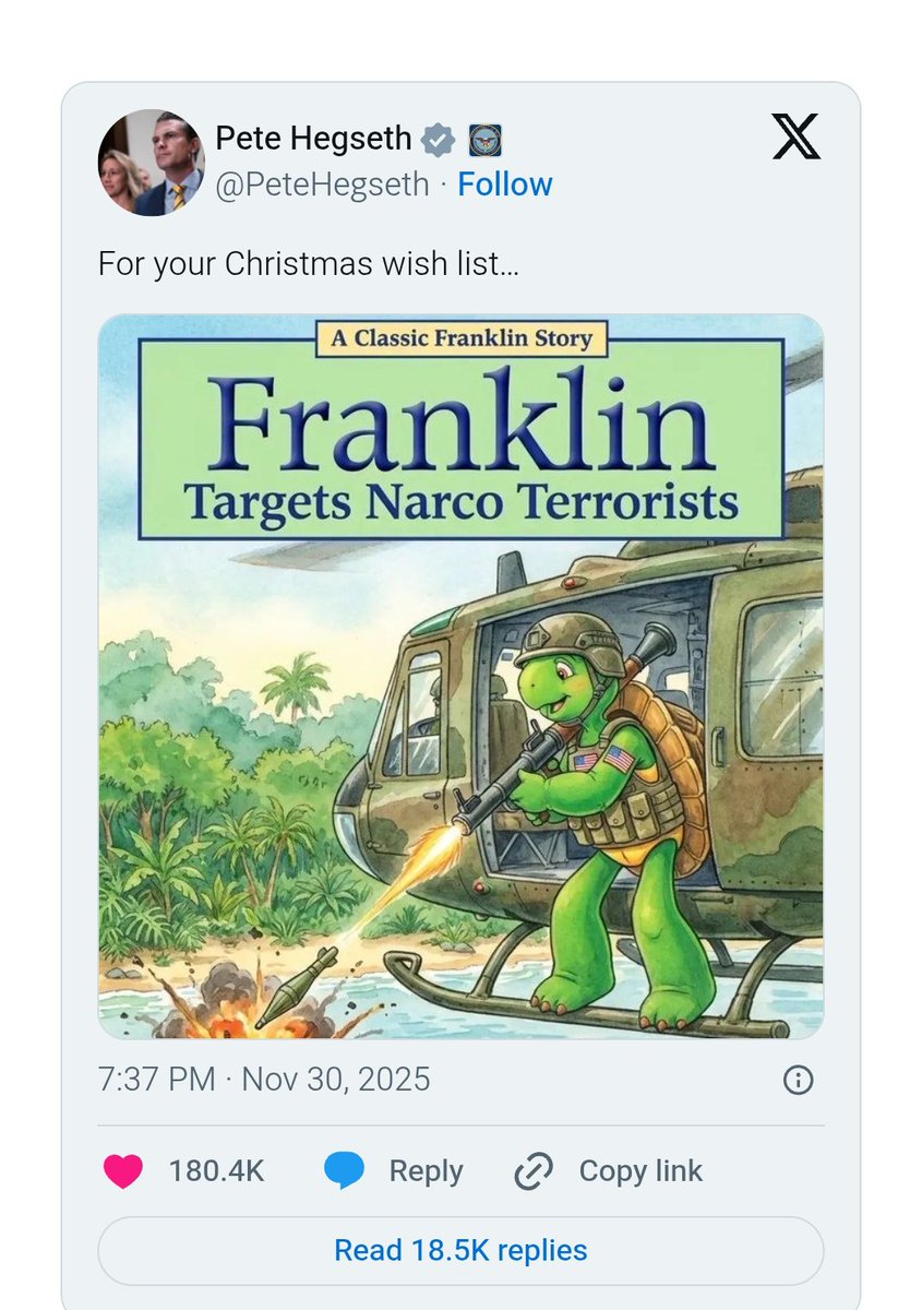 elber160's tweet photo. Parodia de un asesino. Portada alterada de un libro de un popular dibujo infantil hecha por Pete H, haciendo alusión a los bombardeos de lanchas en el Caribe. Y añade..."Para vuestra lista de regalos" https://t.co/pmbWU7Bk0D