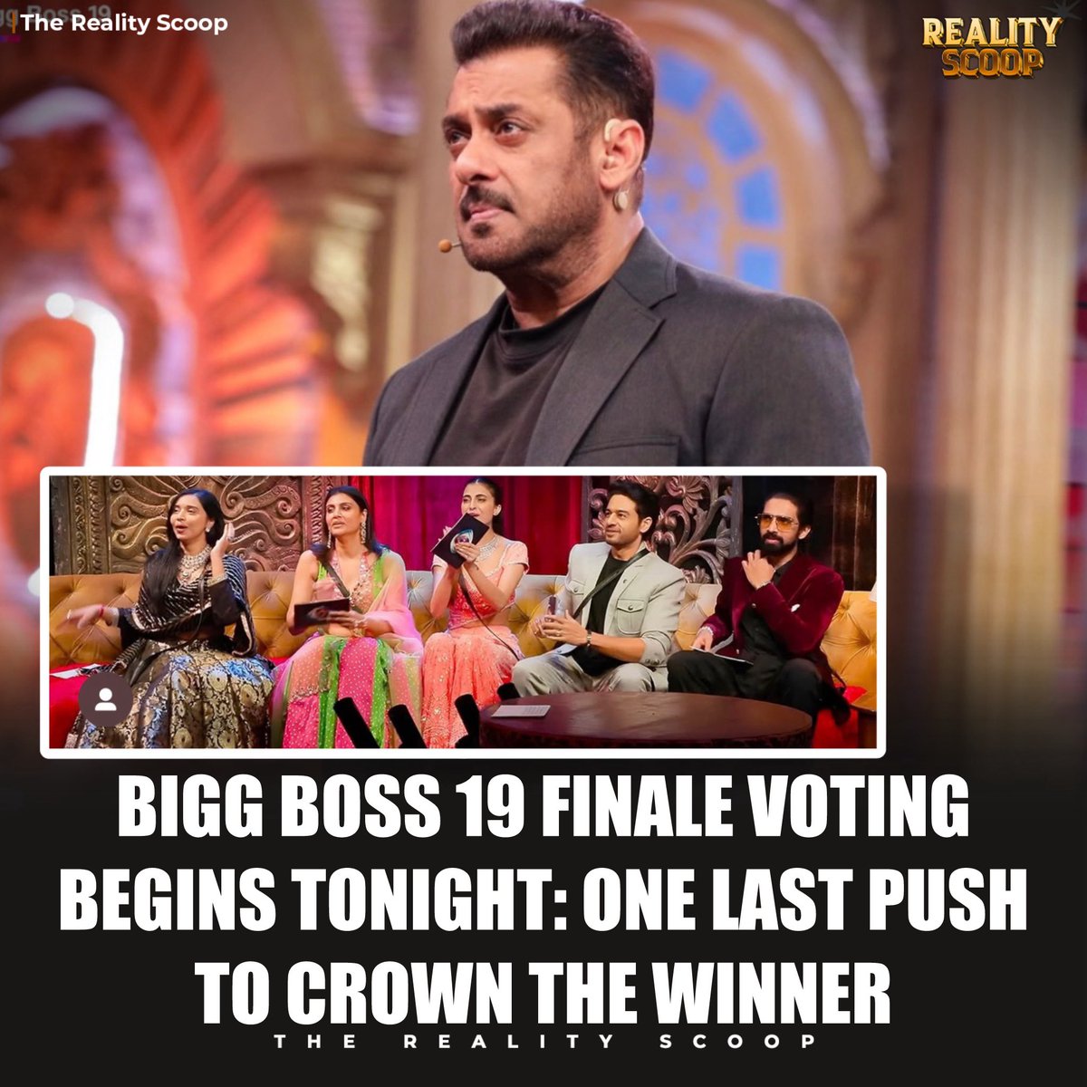 reality_scoop_'s tweet photo. Voting lines will open after tonight’s episode. This is your final chance to support your favourite contestant. Keep your backup IDs ready and cast up to 99 votes per ID per day to make them the Bigg Boss 19 Winner. 🔥🏆 #BiggBoss19 #FinaleVoting #OneLastPush https://t.co/zb9SRmP8XH