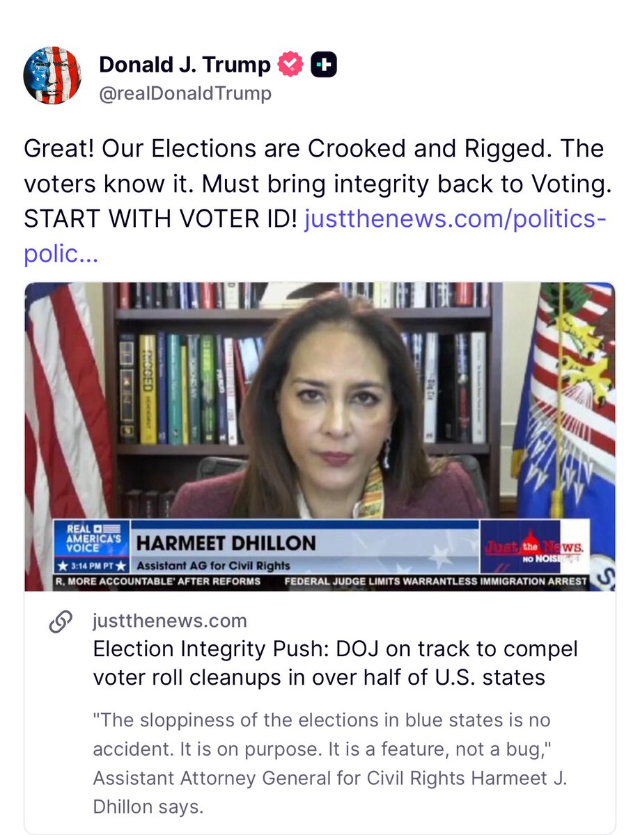 EricLDaugh's tweet image. 🚨 HUGE: Over a DOZEN STATES are being sued by Assistant AG Harmeet Dhillon for suspiciously hiding their voter rolls

PRESIDENT TRUMP: “Great! Our Elections are Crooked and Rigged. The voters know it. Must bring integrity back to Voting. START WITH VOTER ID!”

Fraud needs to be…