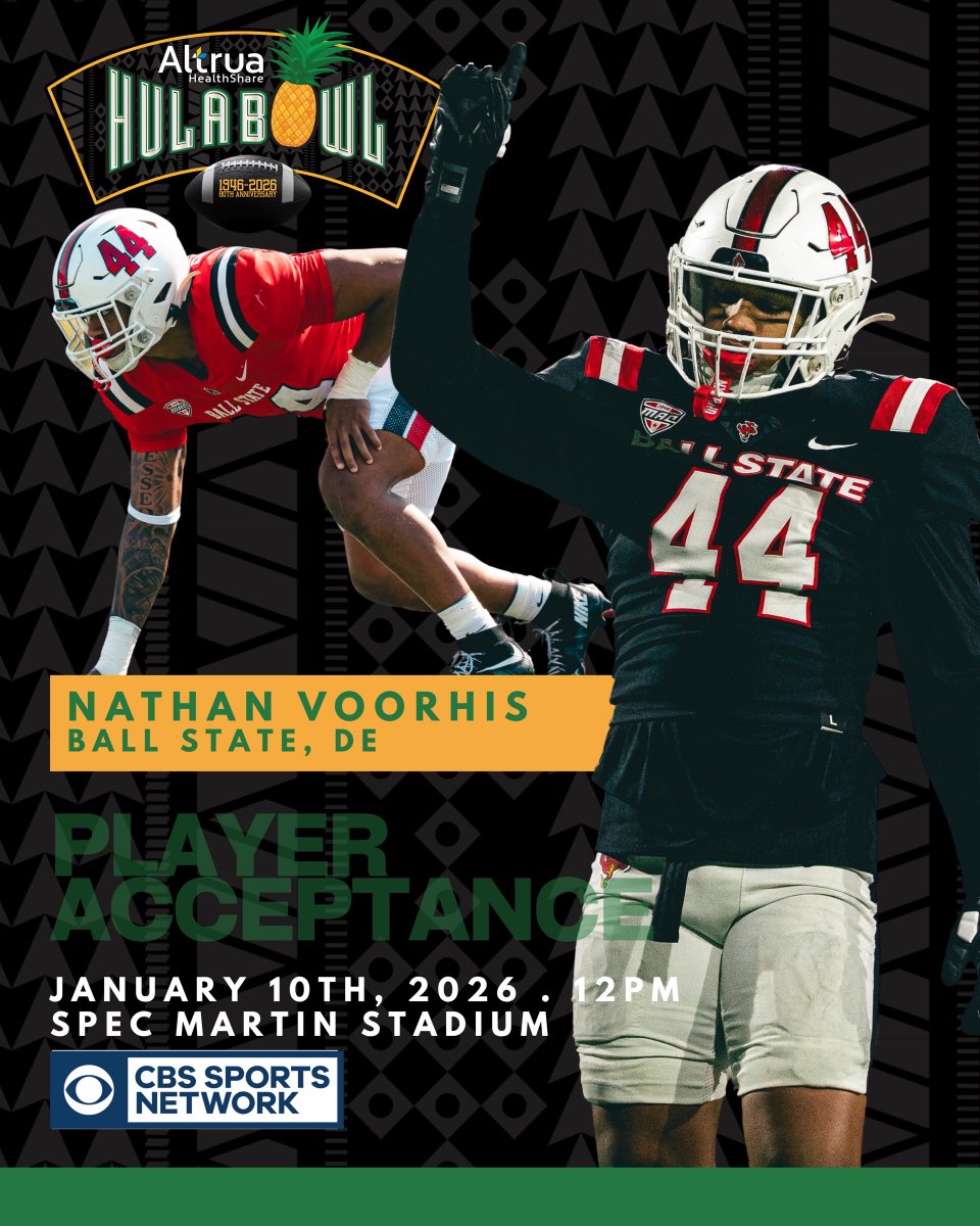 Hula Bowl Bound!! @nate_voorhis has officially accepted his invite to the 2026 Altrua HealthShare Hula Bowl All-Star Game!! @ballstatefb