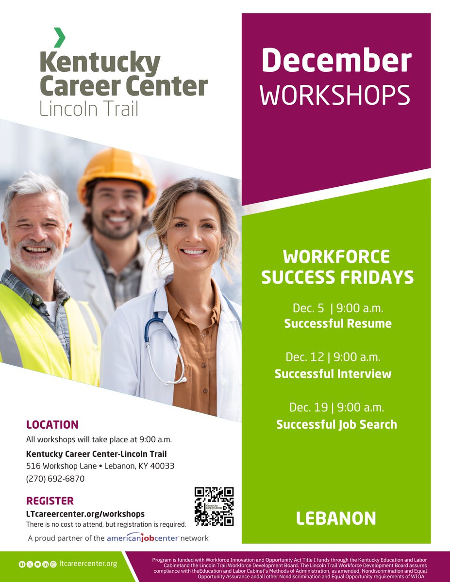 Start your Friday strong! Join us at 9 AM for Workforce Success Fridays at the Kentucky Career Center – Lebanon. 
December 5 - Successful Resume
December 12 - Successful Interview
December 19 - Successful Job Search