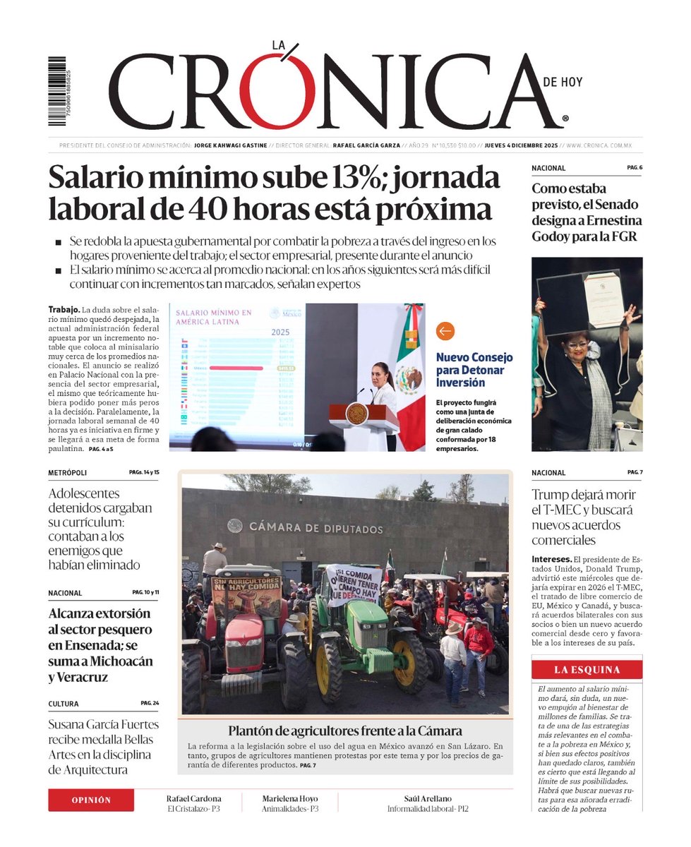 #PrimeraPlana | Salario mínimo sube 13%; jornada laboral de 40 horas está próxima 👈🏻 Alcanza extorsión al sector pesquero en Ensenada; se suma a Michoacán y Veracruz 🐟 Trump dejara morir el T-MEC y buscará nuevos acuerdos comerciales 😮

cronica.com.mx/impreso/