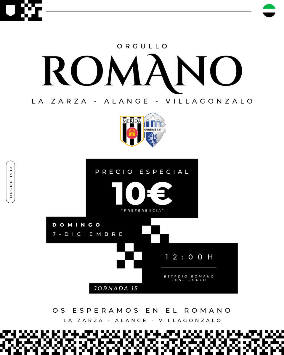 Merida_AD's tweet photo. 🟢⚪️⚫️ Vuelve #OrgulloRomano para acercar el Mérida a las localidades cercanas a nuestra ciudad

😉 Los habitantes de Alange, La Zarza y Villagonzalo tendrán entradas a 10€ en Preferencia para el #MéridaOurense

📲 +info: https://t.co/ddMREF5R1G https://t.co/l2KfTeORUg