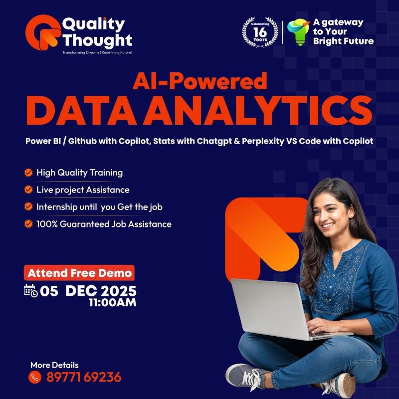 AvanchaA99169's tweet image. 🚀Build your career in AI-Powered Data Analytics!
Join the FREE Demo and learn Power BI, GitHub Copilot, Stats with ChatGPT &amp;amp; more.

📅05 Dec 2025 | ⏰ 11:00 AM
📍Location: Ameerpet | Madhapur
👉Info: linktr.ee/qualitythought…
📞Call: 89771 69236
#PowerBI #AICopilot #QualityThought