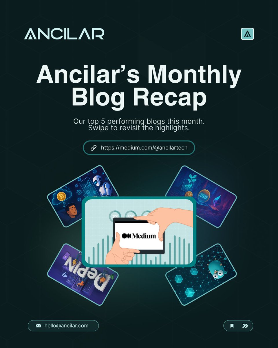 ancilartech's tweet photo. Ancilar’s November Blog Recap 📚
From autonomous finance to next-gen infrastructure, here are the reads that shaped our Web3 research this month.
Read the full blogs on our Medium page: https://t.co/eH8VKiXZ46
#Ancilar #Web3Research #DeFi2026 #AIinFinance #RWA #DePIN #BlockchainInfrastructure #CryptoResearch #Web3Ecosystem
