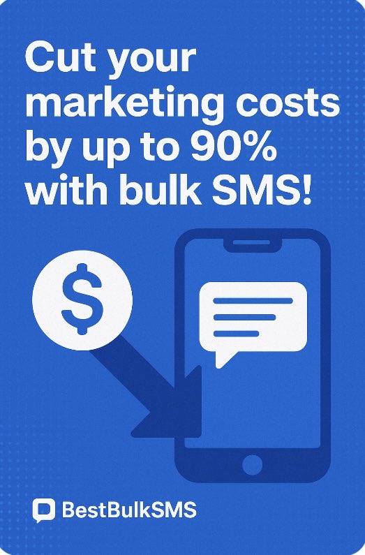 iriseict's tweet image. Why spend more when you can spend smart? 😉
Cut your marketing costs by up to 90% with bulk SMS.
Start scaling your business the affordable way! 
Reach out to BestBulkSms today
#SMSMarketing #SmallBusinessTips #BestBulkSms