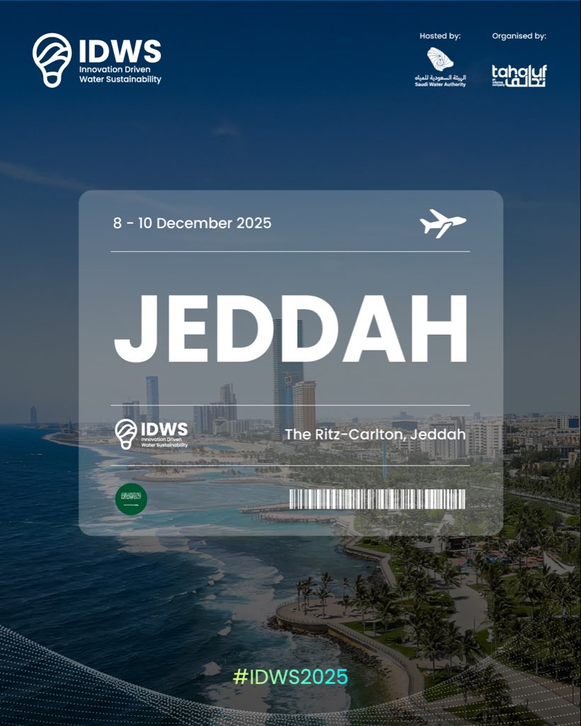 All roads lead to Jeddah. 

In less than a week, leaders, thinkers, and changemakers will gather to share ideas that can transform how water sustains our lives and our cities.

Make your way to IDWS and join the conversations that matter.

The Ritz Carlton Jeddah
8 to 10 December