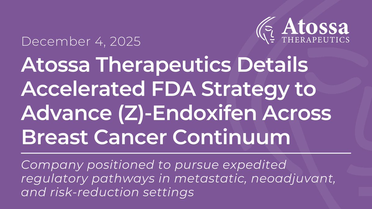 atossainc's tweet image. $ATOS announces the completion of a Type C meeting with the @US_FDA to review regulatory strategy for advancing (Z)-endoxifen.

The #FDA provided #ATOS with feedback on potential expedited regulatory pathways and development options across metastatic disease, neoadjuvant…