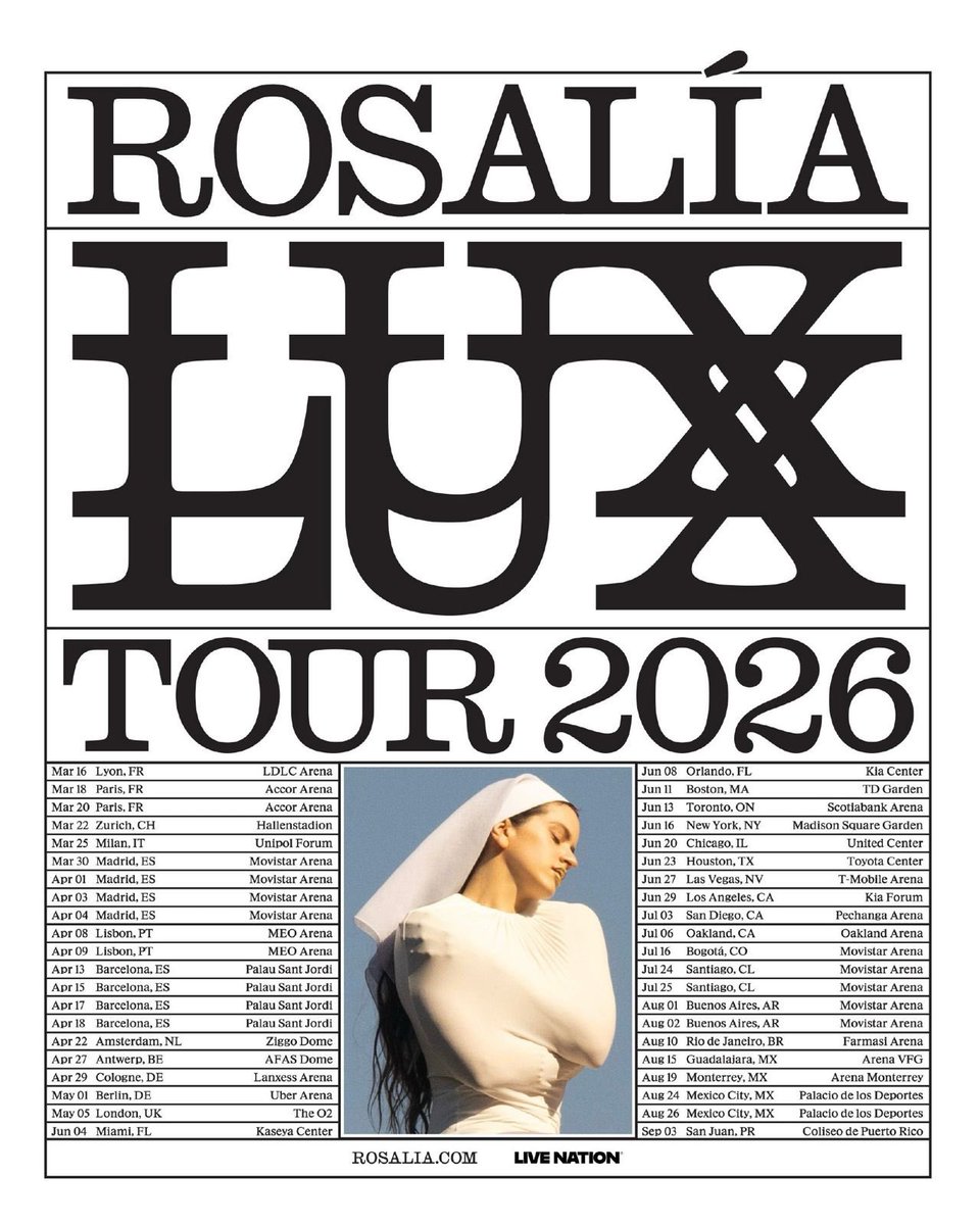 RosaliaInfo_ES's tweet photo. ROSALÍA anuncia todas las fechas de 'LUX TOUR' 2026.

https://t.co/qRFXJ1bW58 https://t.co/lVJR4zHvCV