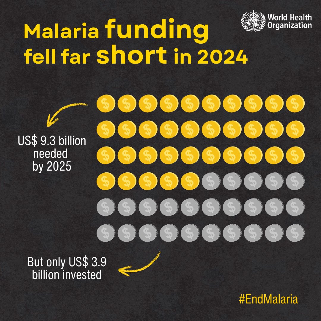 WHO's tweet image. Financial cuts to #EndMalaria are disrupting health systems, weakening surveillance, and delaying malaria interventions.

In 2024, US$3.9 billion was invested in the malaria response, yet it reached less than half of the 2025 funding target of US$9.3 billion. 

Sustained and