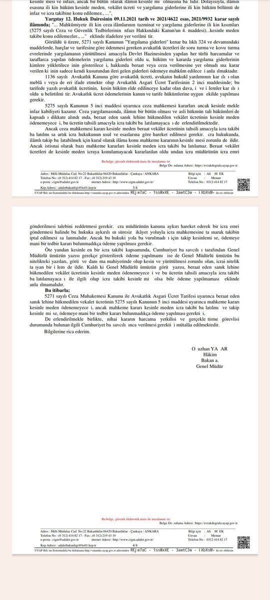 Sanık lehine hükmedilen beraat vekalet ücretinin beraat kararı kesinleşmeden ödenebileceğine dair Adalet Bakanlığı Ceza İşleri Genel Müdürlüğü'nün 07.11.2025 tarihli yazısı