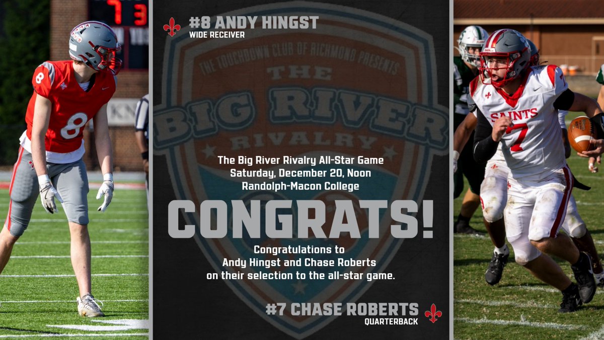 Congratulations to Andy Hingst and Chase Roberts on their selection to the <a href="/BigRiverRivalry/">Big River Rivalry All-Star Football Game</a> Game! The duo will play for the North team December 20 at Noon at Randolph-Macon College.
#StCVAFB