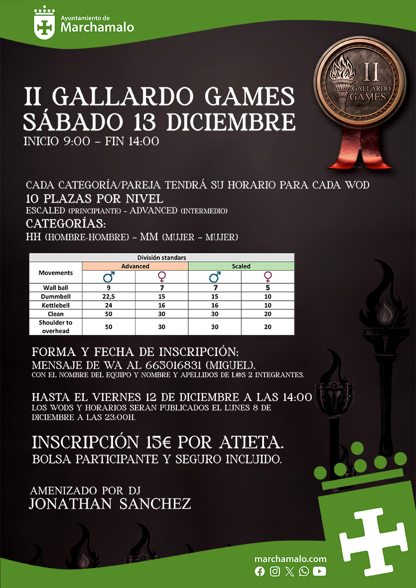 🔊 II GALLARDO GAMES
📅 13 diciembre, sábado
⏰ 09.00 h
🎟️ 15 €
📍 García Fraguas

Nuestra competición invernal de cross-training se abre este año al público, dando la posibilidad de participar a parejas de competidores de cualquier lugar.

+INFO:
➡️marchamalo.com/noticias/event…