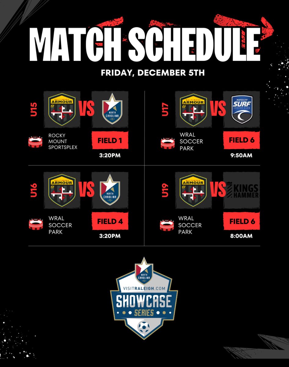 ⚽️Day 1️⃣: Baltimore Armour GA U15-U19 NCFC Showcase Schedule for 12/5. Wishing safe travels to all of the coaches and teams heading to Raleigh! <a href="/bmorearmour/">Baltimore Armour</a> <a href="/GAcademyLeague/">Girls Academy</a> <a href="/girlssoccernet/">Girls Soccer Network</a> <a href="/ImYouthSoccer/">ECNL/GA/Recruiting/College Soccer</a> <a href="/TheSoccerWire/">SoccerWire</a> <a href="/TopDrawerSoccer/">TopDrawerSoccer</a> #armourup