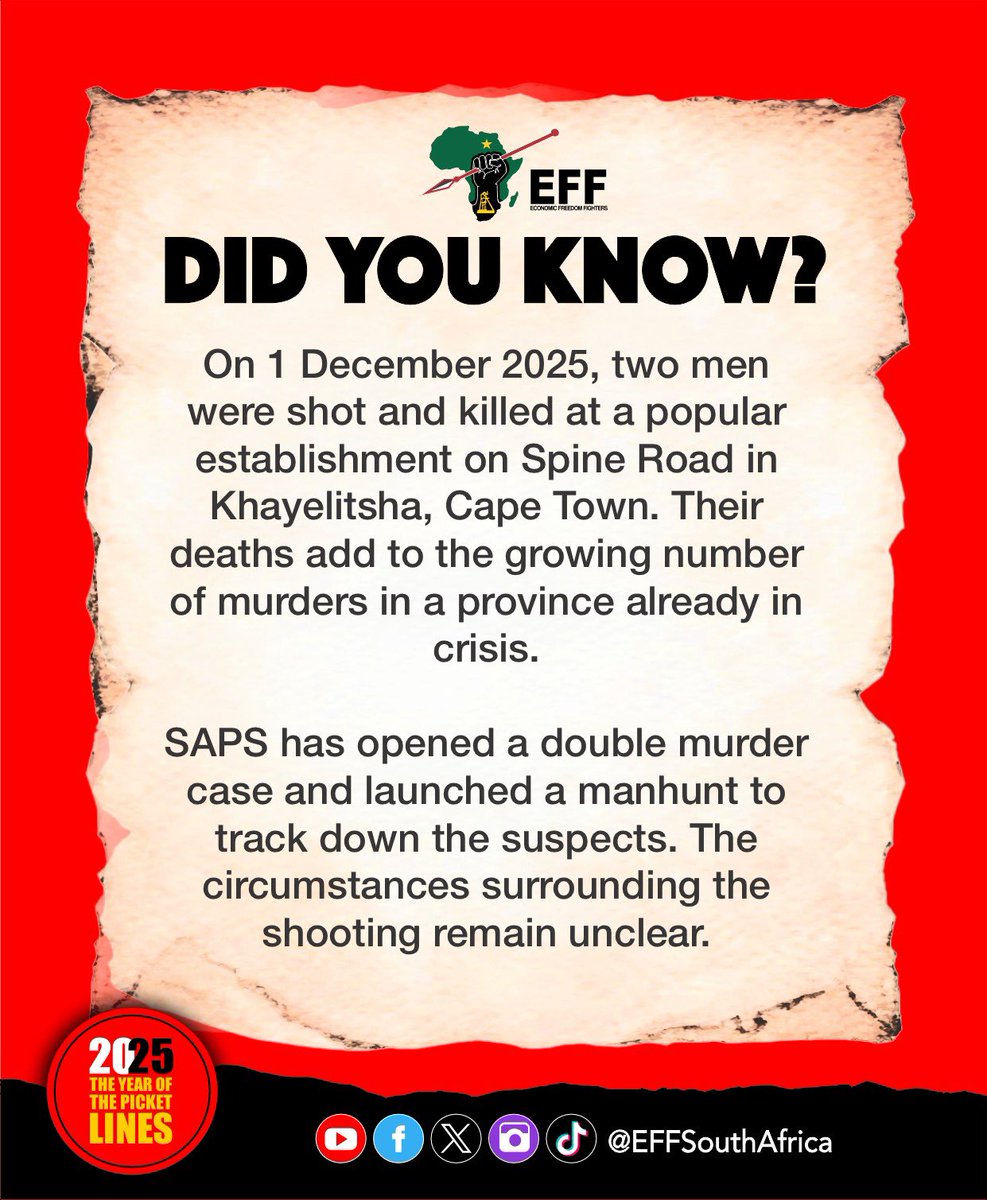 The EFF has been releasing information following violent crime and shootings in Cape Town since the beginning of December.

Not a day has passed without a new update of a shooting. 

Today is only the 4th of December 2025. This is insane.💔