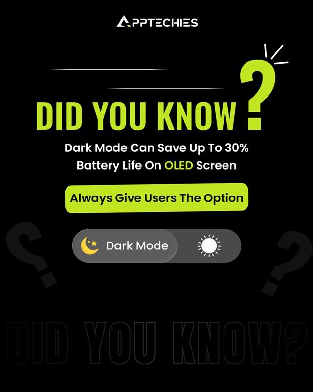 apptechies's tweet image. Did you know? 👀
A simple feature like Dark Mode can boost battery life by up to 30% on OLED screens — and significantly enhance user comfort.

 #AppDevelopment #MobileAppDesign #DarkMode #UIDesign #UXDesign #TechTips #AppPerformance #OLED #BatteryOptimization