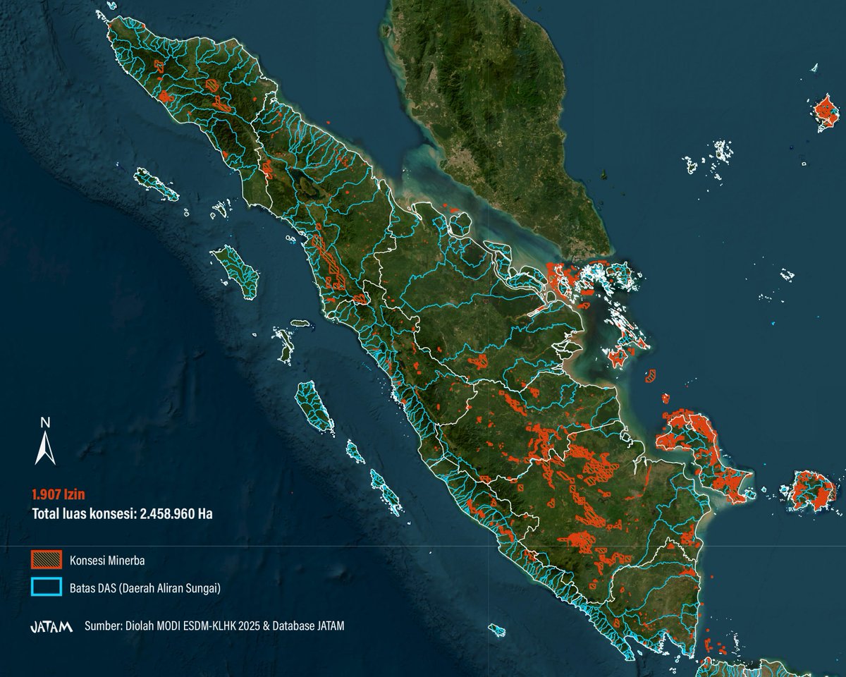 Demikian juga dengan daerah aliran sungai (DAS), dimana kawasan hulu bukan lagi wilayah lindung, tapi sudah disesaki konsesi tambang.

Setelah dioverlay, blok-blok oranye konsesi ini jelas menabrak dan mengisi daerah aliran sungai (DAS) yang digambarkan dengan garis biru, mulai
