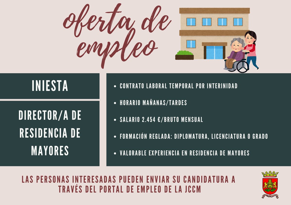 OFERTA DE EMPLEO 📋

Se necesita contratar a una persona que asuma las funciones de dirección de la Vivienda de Mayores de Iniesta

Se ofrece contrato de interinidad con salario de 2.454 € brutos mensuales

Necesario estar en posesión de una diplomatura, licenciatura o grado