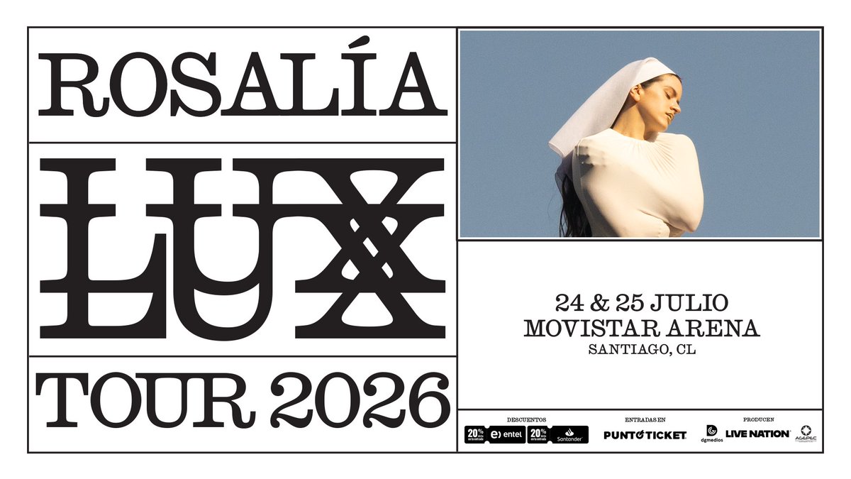 dgmedioschile's tweet image. ¡ES OFICIAL! ✨ ROSALÍA llega con el LUX Tour 2026 este 24 y 25 de julio en Movistar Arena.

➡️ Preventa exclusiva para clientes @entel o pagando con tarjetas @santanderchile, miércoles 10 de diciembre a las 11 AM.
➡️ Venta general, jueves 11 de diciembre a las 11:01 AM.
🎟️…