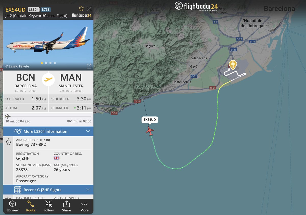 flightradar24's tweet photo. Congratulations to Captain Marcus Keyworth on his final flight with Jet2 before retirement. All our best, captain! https://t.co/AyoGecm6JP https://t.co/xSDnOpuls6