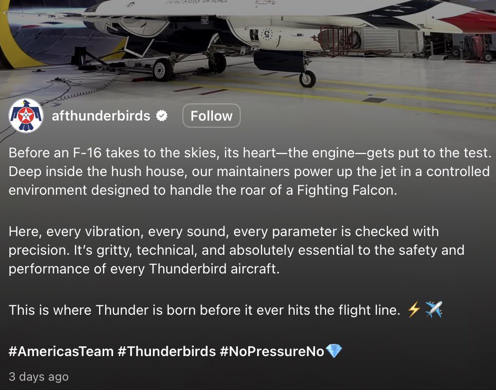 thenewarea51's tweet image. USAF Thunderbirds #5 jet that crashed yesterday was posted on their IG page 2 days ago doing an engine run. Local scanner listeners reported that they heard the #5 pilot mention an engine anomaly.