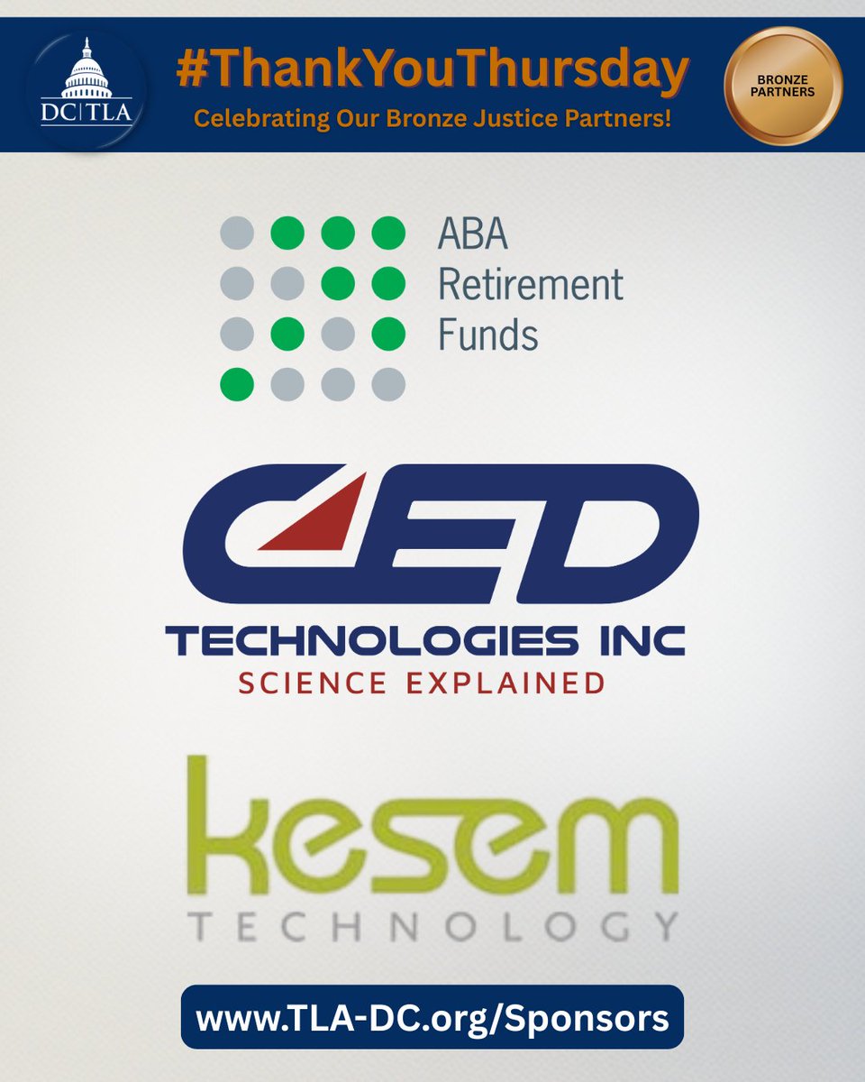 TLADC's tweet photo. #ThankYouThursday 🙌
Gratitude to our Bronze Justice Partners:
@ABARetirement @CED_Tech @kesemtechnology
Your support helps advance the mission of #DCTLA and strengthens our community of trial lawyers.
#JusticePartners #BronzeLevel https://t.co/droTA0JJnN