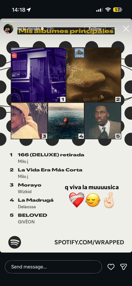 itzbasito's tweet image. Argentine artiste Nicki Nicole has Wizkid’s “Morayo” on her Spotify Wrapped.