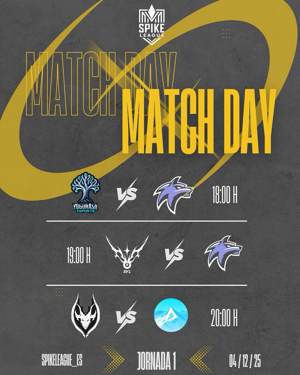 MATCH DAY | APEX FECHA 1 
Hoy se prende el servidor 🔥

<a href="/Yggdrasil_esp/">Yggdrasil Esports</a> vs Dark Fang Ac
Astralix VS Dark Fang
<a href="/TeamVelaxis/">Velaxis</a> VS <a href="/Artic_Valorant/">Artic eSports</a> 

📅 04/12/25
📺 twitch.tv/SpikeLeague_ES

Que empiece el espectáculo 👏🏻