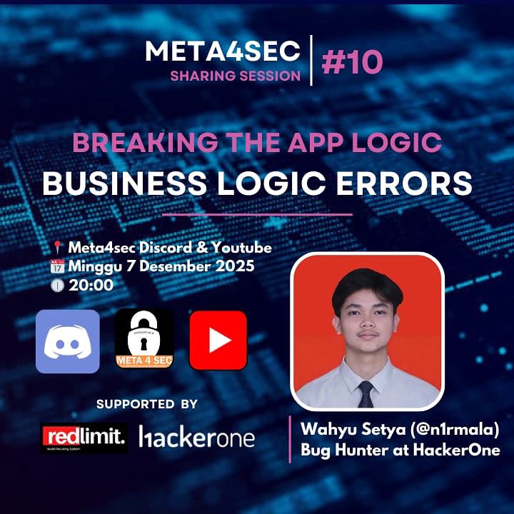 w_n1rmala's tweet image. Excited to share actionable insights on breaking application logic and identifying Business Logic Errors.

I’ll be discussing methodology, real cases, and how to systematically uncover these high-impact issues this Sunday.

#bugbounty #hackerone