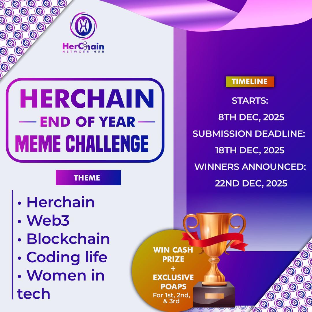 herchain's tweet photo. HerChain End of Year Meme Challenge is LIVE!
Here's your chance to win cash prizes + exclusive POAPs! 🎉

To participate, submit your meme here: [https://t.co/YGOZja30V8] 

Bring the memes—we’re ready! 😄💜

#HerChain #MemeChallenge #Web3 #WomenInTech #BlockchainCommunity https://t.co/V7Ni5bqpYr