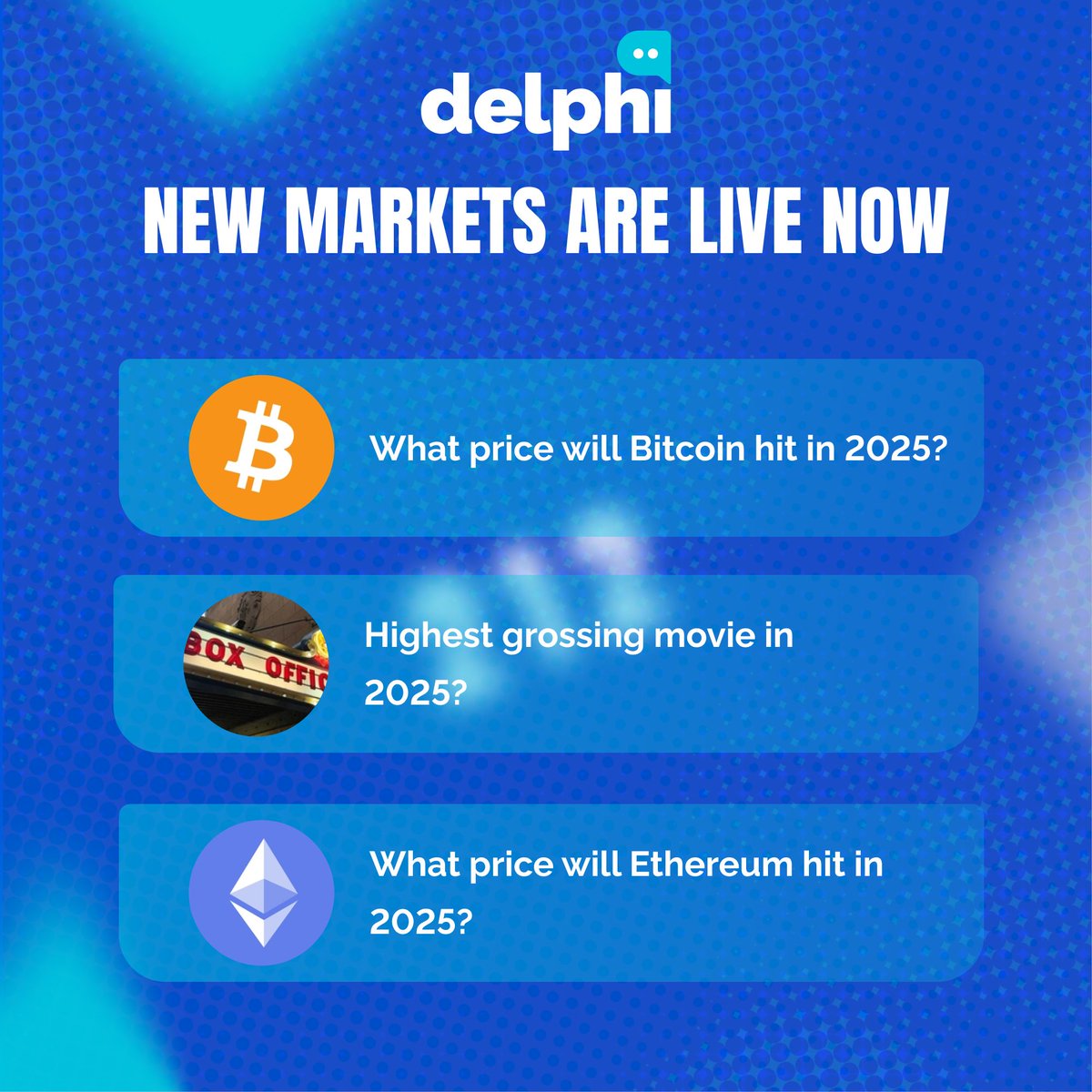 delphitrade's tweet image. 🚨NEW MARKET ALERT🚨

What price will Bitcoin reach in 2025? ⚡
Highest-grossing movie of 2025? 🎬
What price will Ethereum reach in 2025? 🔥

Which one are you betting on first? 👇

🔗 delphi.trade/events/

#Delphi #Cronos #PredictionMarkets