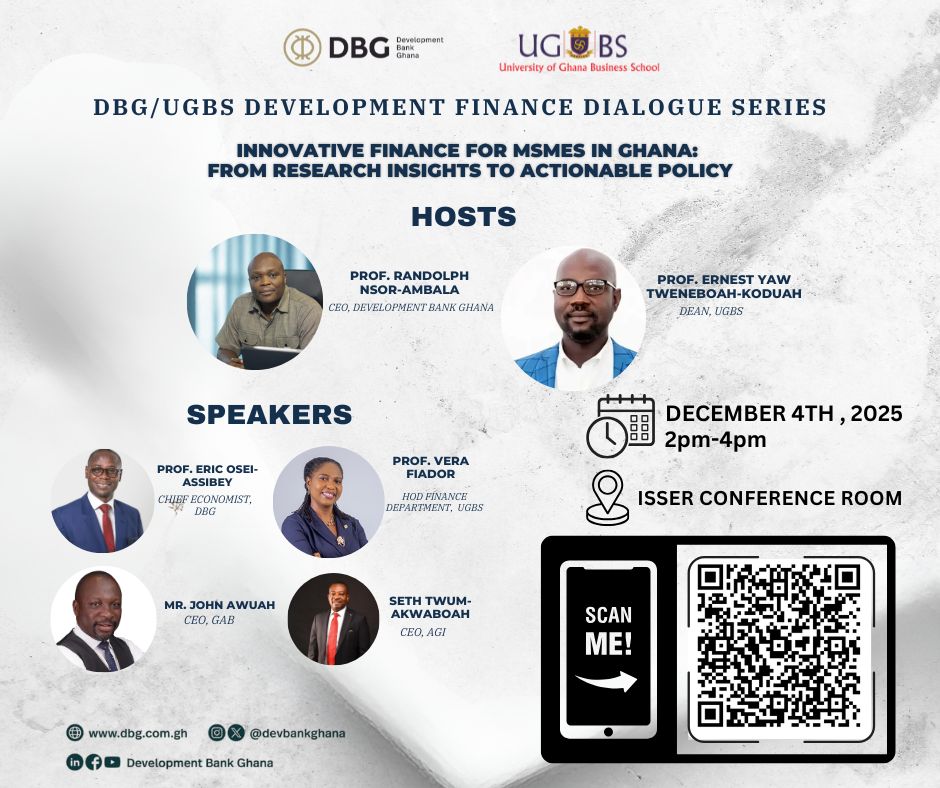 devbankghana's tweet image. The @devbankghana/@ugbsofficial Development Finance Series is today! Join us this afternoon as we dive into the conversation on &quot;Innovative Finance for MSMEs in Ghana: From Research Insights to Actionable Insights.&quot;
See you soon!
#DBG #UGBS #DevelopmentFinance #MSMEs