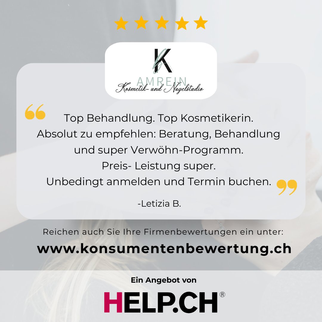 Kundenfeedback spricht für K&amp;B Amrein – authentisch und überzeugend.

Auf der unabhängigen Plattform konsumentenbewertung.ch teilen Kundinnen und Kunden ihre echten Erfahrungen mit K&amp;B Amrein.

Ob umfassende Beratung, hochwertige Behandlung oder ein rundum verwöhnendes