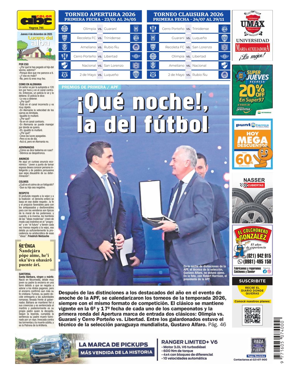 ABCDeportes's tweet image. ¡BUEEEN DIAAA!

⚽️La matriz del fútbol paraguayo premió a los más destacados de la temporada 2025.

🏆A horas del sorteo del #MundialXABC y todos los detalles en las plataformas de #ABCColor

🏅Futsal se corona con oro en los Juegos Bolivarianos 2025.

Toda la información en…