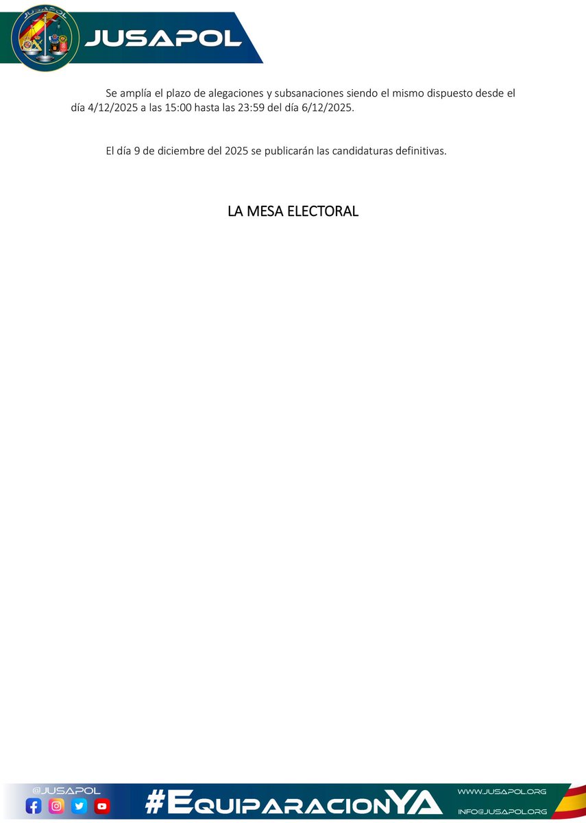 📝𝗖𝗼𝗺𝘂𝗻𝗶𝗰𝗮𝗱𝗼 𝗺𝗲𝘀𝗮 𝗲𝗹𝗲𝗰𝘁𝗼𝗿𝗮𝗹 𝗝𝗨𝗦𝗔𝗣𝗢𝗟

📌𝘓𝘪𝘴𝘵𝘢𝘥𝘰 𝘱𝘳𝘰𝘷𝘪𝘴𝘪𝘰𝘯𝘢𝘭 𝘥𝘦 𝘤𝘢𝘯𝘥𝘪𝘥𝘢𝘵𝘶𝘳𝘢𝘴.

🗓️ Se amplia el plazo de alegaciones y subsanaciones hasta las 23:59 del día 6/12/2025.

💚#EquiparacionYa💙

📌 Para más ℹ️ pincha aqui ⤵️