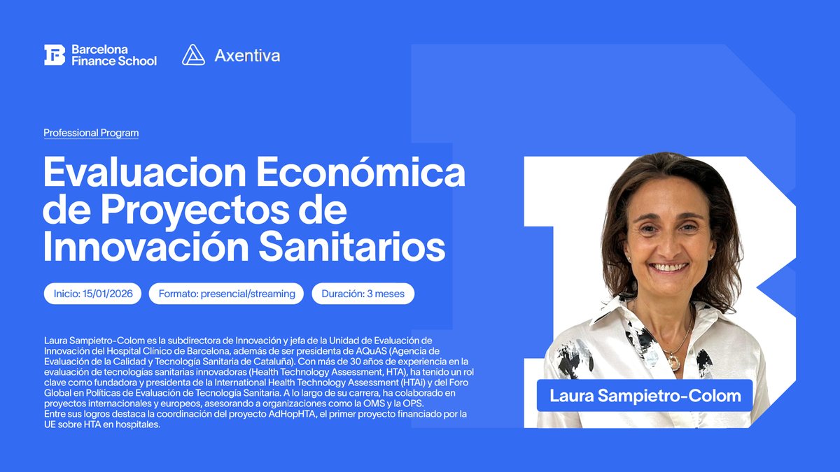 Aprende a evaluar y potenciar la innovación sanitaria junto a #LauraSampietroColom, una de las voces más influyentes en Health Technology Assessment.

🔹Inicio enero 2026
🔹Más info 👉 bit.ly/424Lk8R